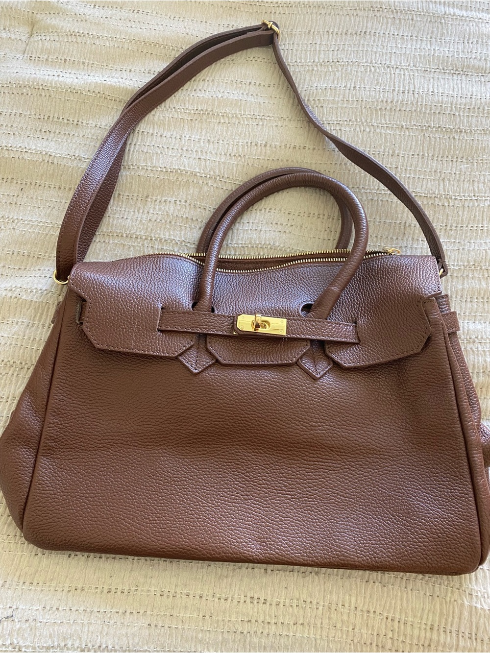 Pebbled Brown Leather Satchel with Gold-Tone Turn Lock